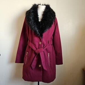Guess Burgundy Pea Coat Belted Removable Faux Fur Collar Size XL